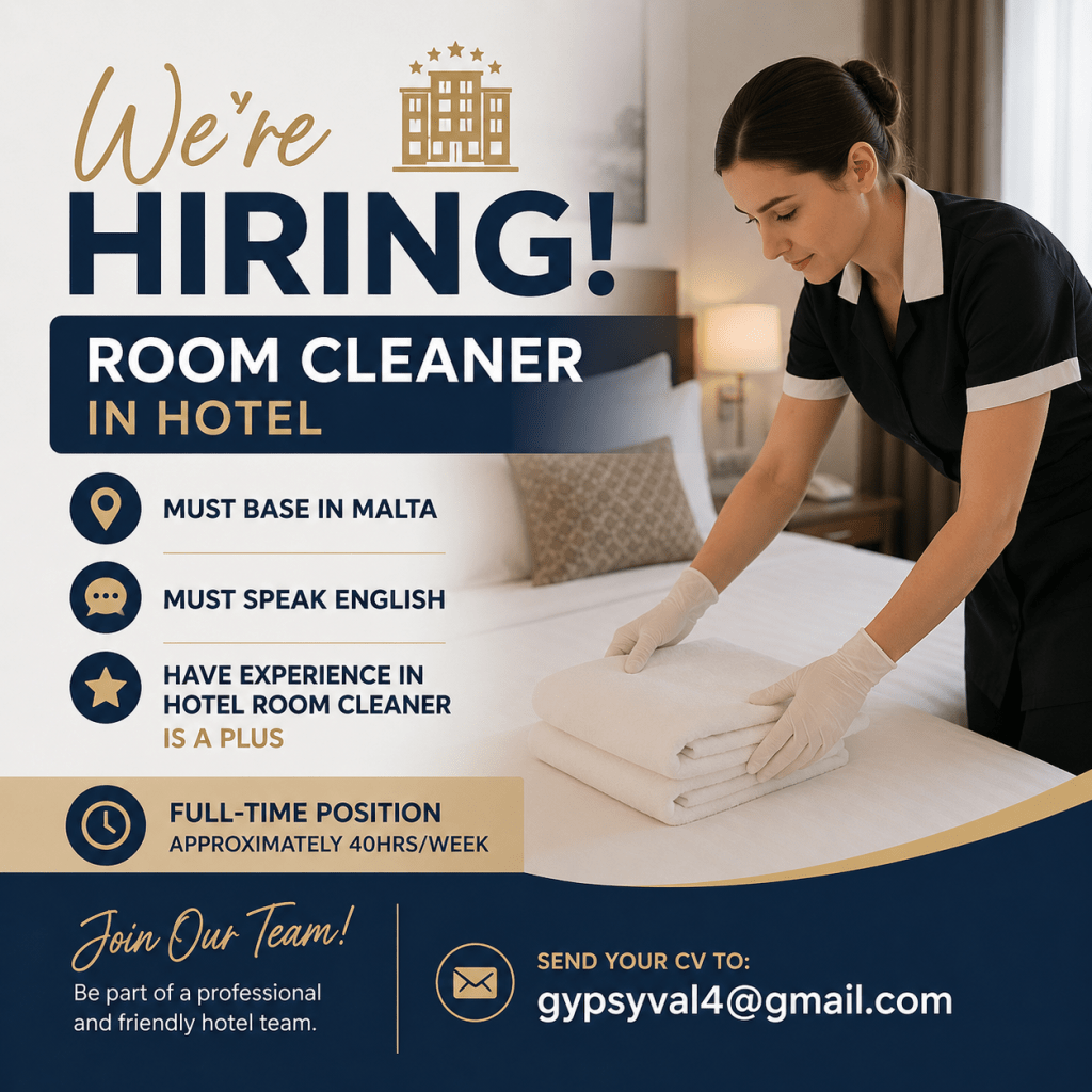 NOW HIRING – HOTEL ROOM CLEANER